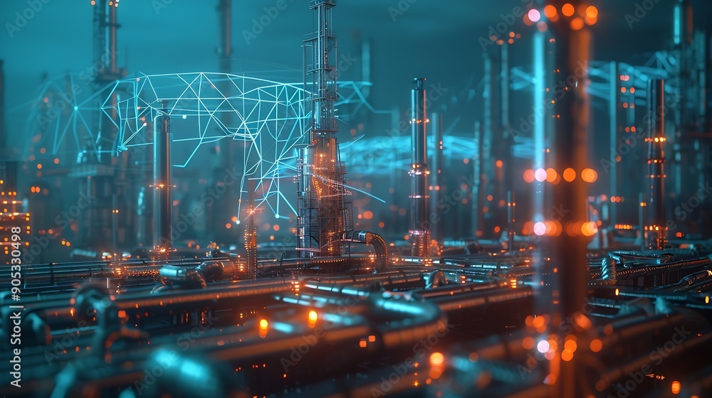 Poster Modern factory and communication network concept Telecommunication IoT Internet of Things ICT Information communication Technology 5G Smart factory Digital transformation : Generative AI