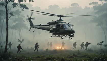 A military helicopter hovering above a dense Vietnamese jungle in heavy rain, with soldiers rappelling down into the thick greenery below.
