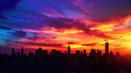 Fototapeta premium Vibrant Silhouette of City Skyline Against Colorful Clouds at Dusk