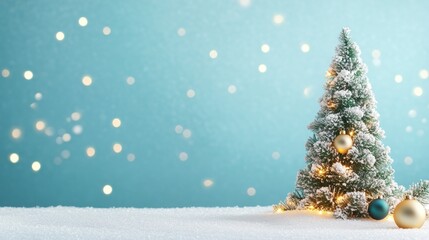 A winter holiday scene showcasing a snowy landscape with a beautifully decorated Christmas tree, glowing lights, and festive ornaments.