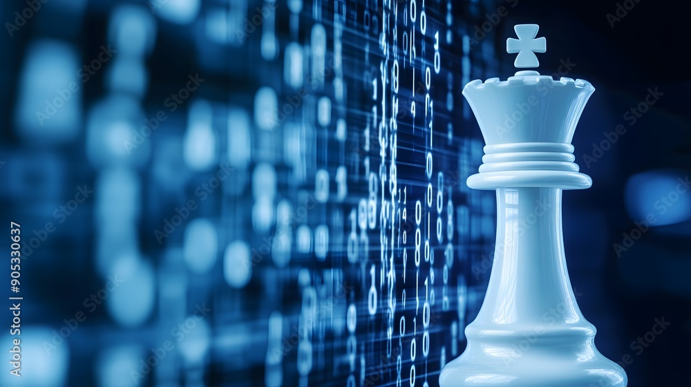 Poster white chess queen piece stands against a backdrop of binary code.