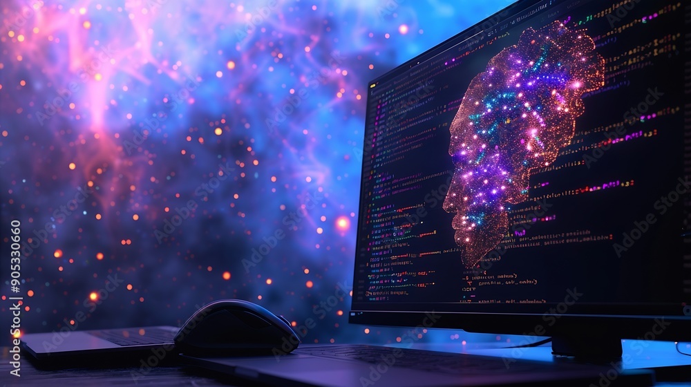 Fototapete Digital technology software development AI Artificial Intelligence concept Computer programmer or software engineer programming with computer code and cloud computing technology backgr : Generative AI