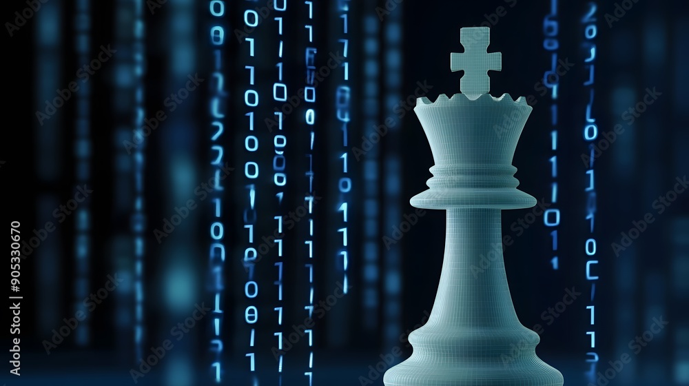 Poster a white chess queen stands tall against a backdrop of binary code.