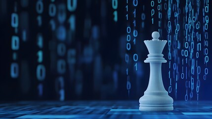 A white chess queen stands tall against a blue digital background.