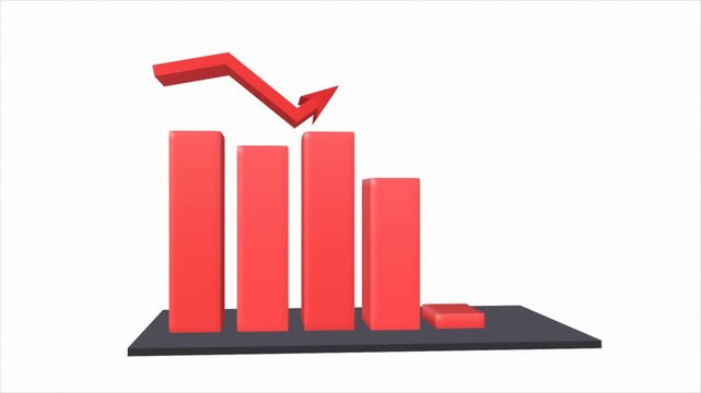3D business chart isolated on white background. Indicators are falling, negative trend or recession, down arrow