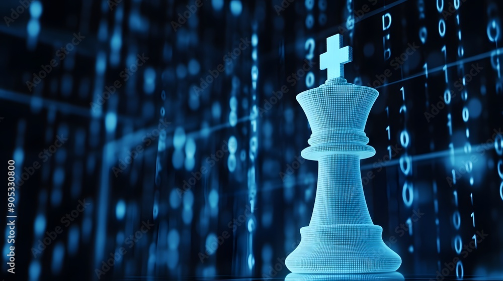 Poster a wireframe chess king stands against a background of digital code.