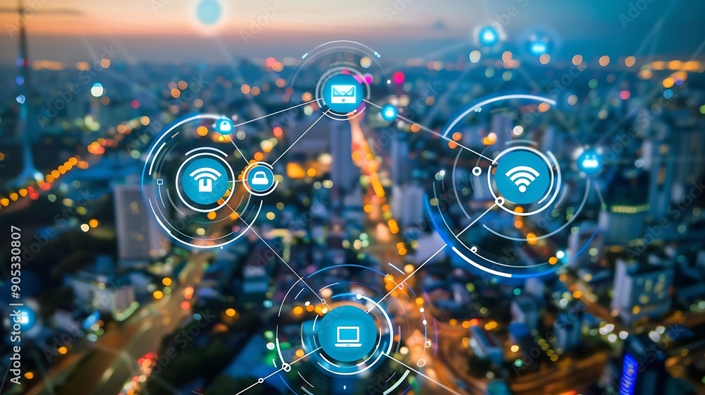 Poster smart city and intelligent communication network of things wireless connection technologies concept 
