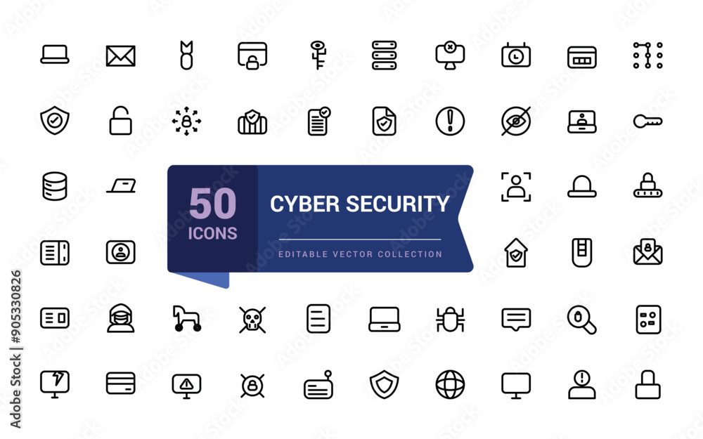 Poster set of cyber security web icons in line style. related to guard, password, safety, key, shield. mini
