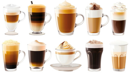 Coffee collection isolated on transparent background. 3D rendering.