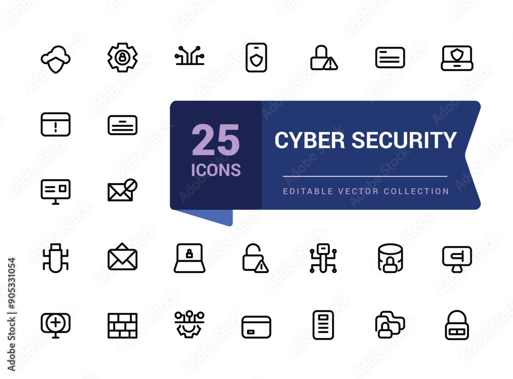 Poster set of cyber security web icons in line style. related to guard, password, safety, key, shield. mini