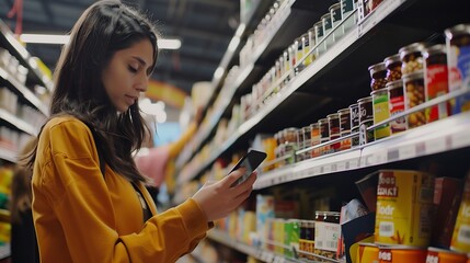 Positive young female customer scanning barcode on tin can of canned food for cats with smartphone while shopping in pet store paying for item using mobile app : Generative AI