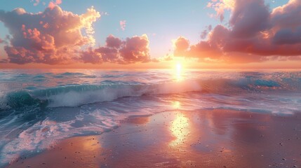 An image of a serene beach at sunset with a magical, unforgettable view