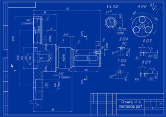 Fototapeta premium Assembly drawing of steel part with through holes. Vector cad scheme of mechanical device with shaft, gear, bearing, bolted connection and dimension lines. Engineering background. Technical template.