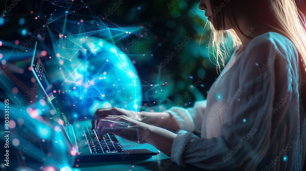 Poster Digital technology internet network connection big data digital marketing IoT internet of things Woman using modern computer surfing internet futuristic metaverse innovative technology : Generative AI