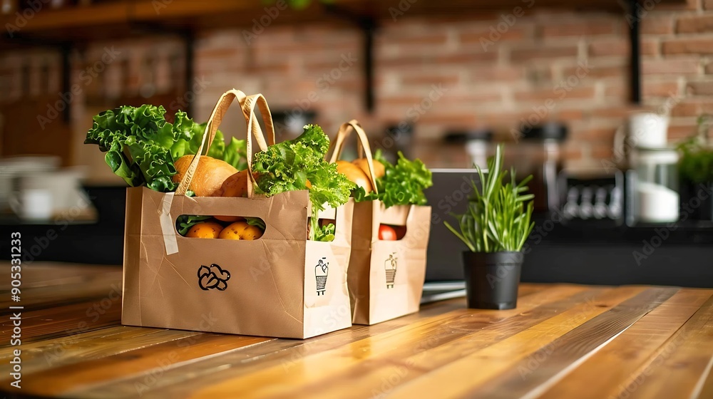 Poster shopping online cardboard box with a shopping cart logo in a trolley and paper bag on laptop keyboar
