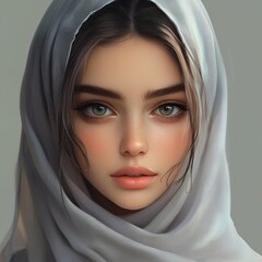 Naklejka premium A young woman with striking eyes and delicate features, draped in a soft, light-colored headscarf, looking intently at the camera.