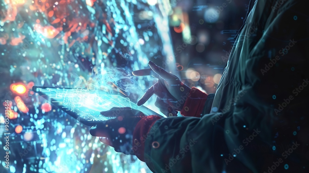 Aufkleber Digital transformation technology era abstract tech background metaverse Man using digital tablet with future technology IoT internet of things future AI technology smart device social : Generative AI