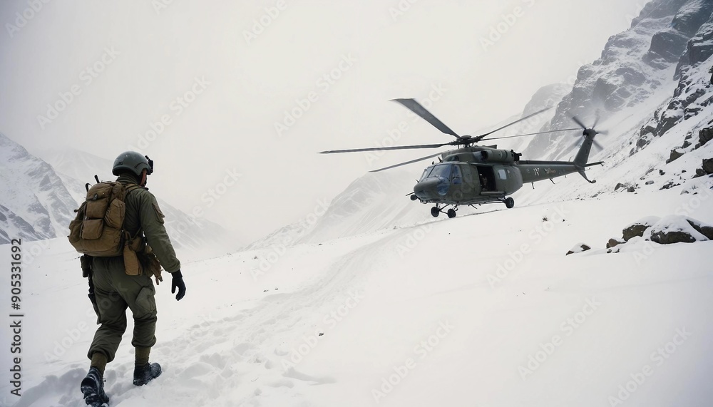 Wall mural a military helicopter flies low over a snowy mountain pass in a snowstorm. two soldiers disembark in