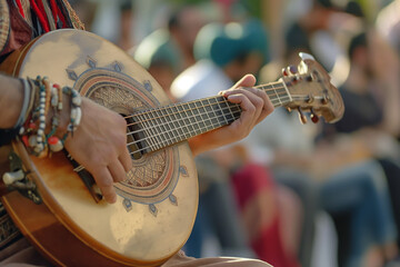 Person Playing Acoustic Guitar with Decorative Wood Carving at Street Festival