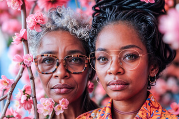 Obraz premium Portrait d'une mère afro-américaine avec sa fille au milieu de fleurs de cerisier