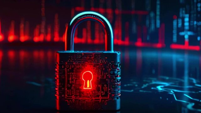 A glowing red padlock with a keyhole is in the center of the image. The background is a blurry image of red and blue lights.