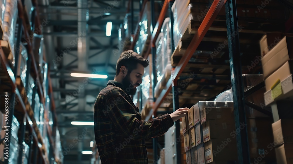Poster Warehouseman checking delivery stock in warehouse on computer pc Warehouse manager using warehouse management software app : Generative AI