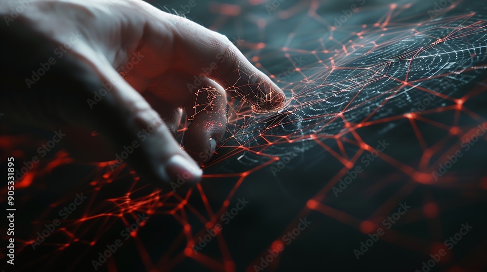 Aufkleber Hand touching abstract network circle technology structure Innovation networking future worldwide global concept : Generative AI