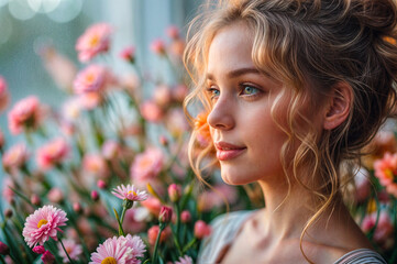 Naklejka premium Portrait d'une jolie jeune femme de profil au milieu de fleurs roses