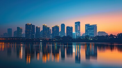 Obraz premium Twilight Silhouette of Contemporary Skyline in the City