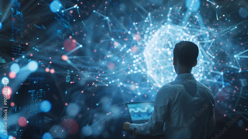 Poster Digital technology internet network connection big data digital marketing IoT internet of things Business man using modern computer surfing internet futuristic innovative technology ba : Generative AI
