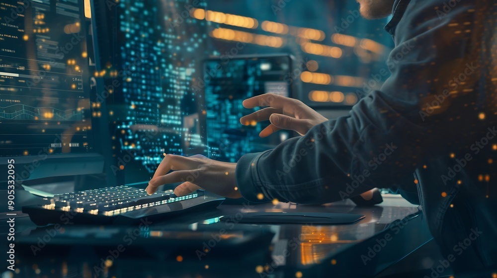 Fototapete Digital technology internet network connection big data digital marketing IoT Programmer coding on computer with smart city and internet network data accessing innovative technology ba : Generative AI