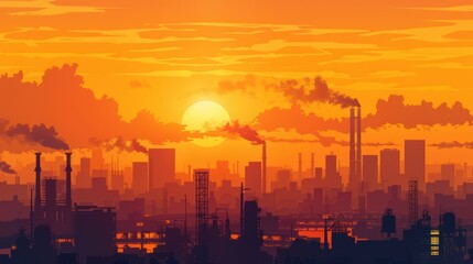 Fototapeta premium Urban Sunset Silhouette - Cityscape with Vibrant Orange Skyline Silhouetted Against Setting Sun