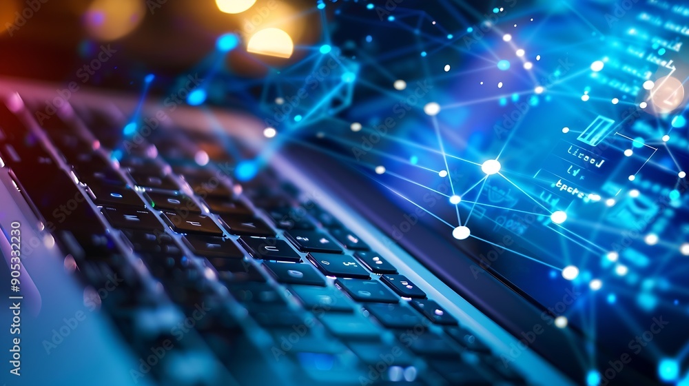 Fototapete Internet network technology IoT digital software development computer code modern tech concept Internet network with wireless connection cloud computing computer script on laptop : Generative AI