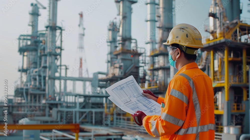 Aufkleber engineer survey team wear uniform and helmet stand workplace checking blueprint project radio commun