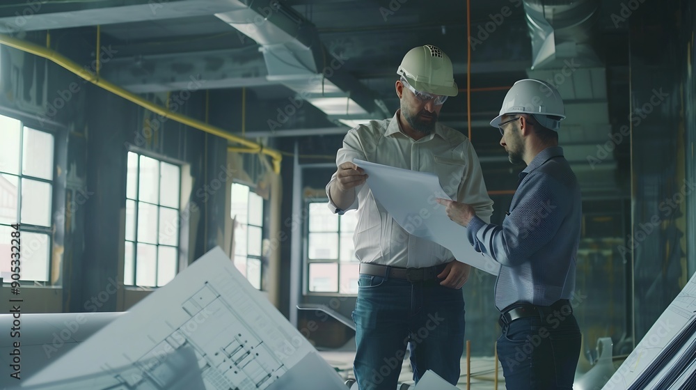 Fototapete team engineer foreman architect meeting for colleagues discussing and checks construction blueprints