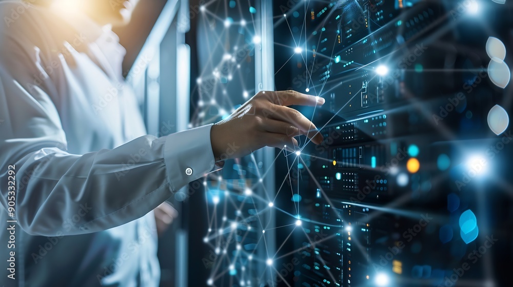 Fototapete Big data digital technology concept Software engineer touching on virtual internet network connection with data center network server innovative futuristic technology background data m : Generative AI