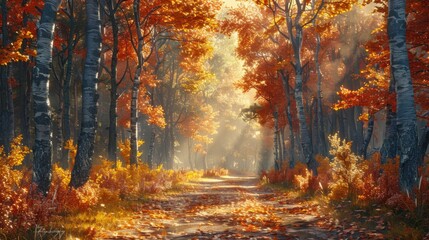 Fototapeta premium Generative image of a forest path in fall with yellow fallen leaves and soft rays of sunlight.