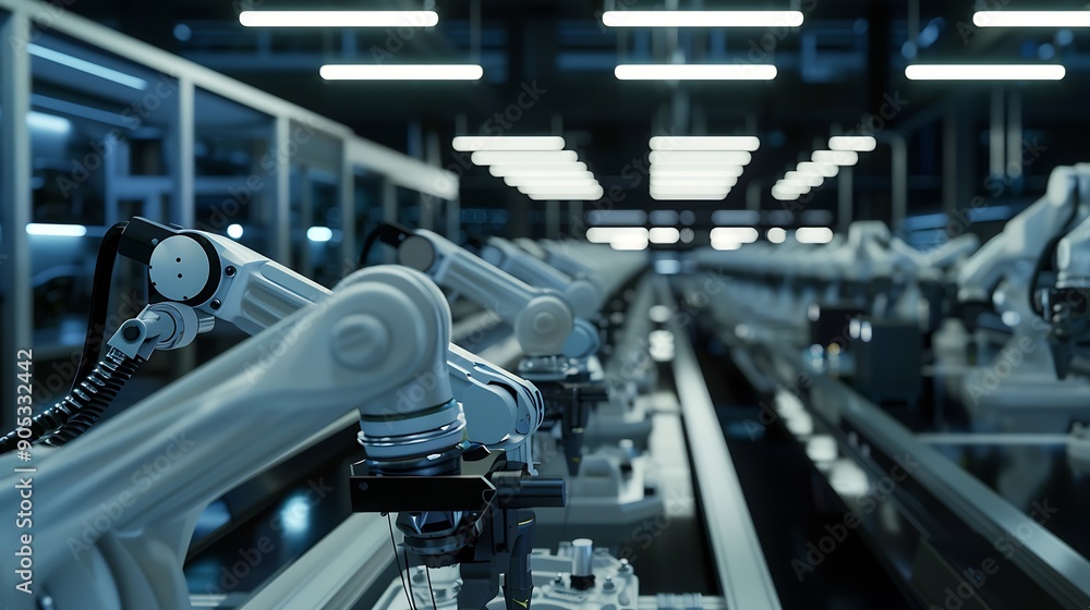 Poster smart industry robot arms for digital factory production technology showing automation manufacturing