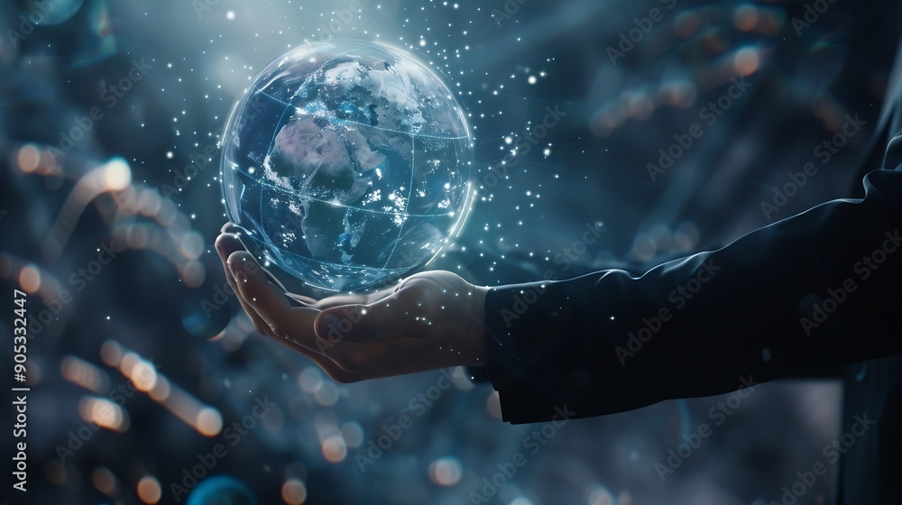 Poster business service online digital technology businessman holding digital globe hologram quality busine