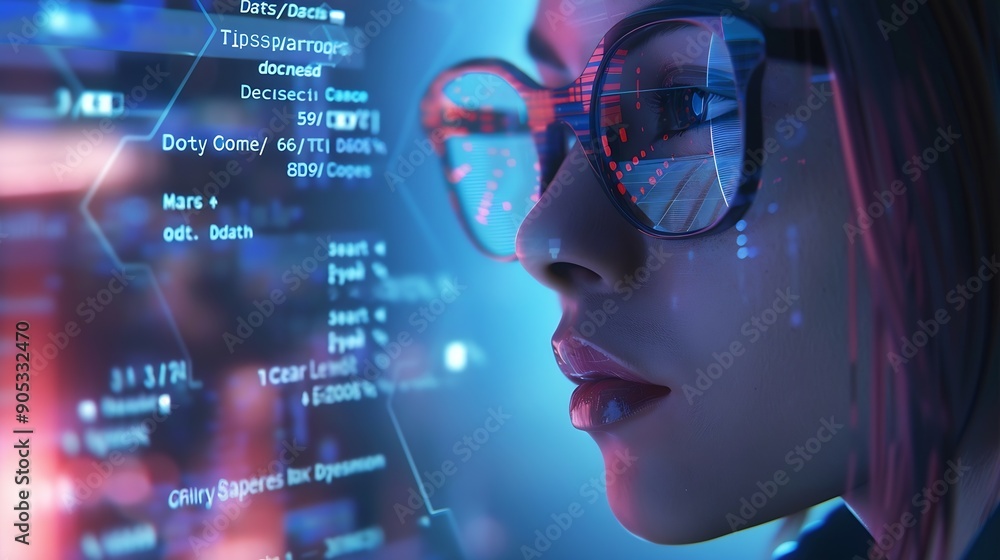 Fototapete Software coding hologram and woman on tablet thinking of data analytics digital technology and night overlay Programmer or IT person in glasses on 3d screen programming and cybersecuri : Generative AI