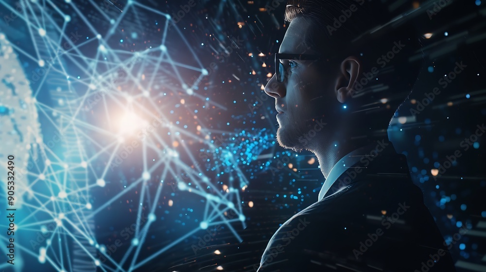 Poster businessmen use the intelligence of ai search for data information to growth business and add new cu