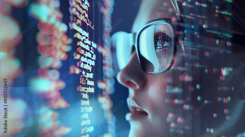 Aufkleber Software data hologram and woman with code analytics information technology and gdpr overlay Programmer coding or IT person in glasses reading html script programming and cyber securit : Generative AI