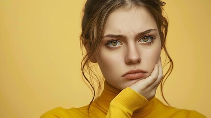 Studio portrait of pretty tired exhausted millennial caucasian female looking at camera with sad face expression touching her chin wearing yellow turtleneck Student girl upset with res : Generative AI