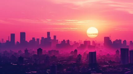 Obraz premium Tranquil Urban Silhouette at Pink Sunset - Cityscape Relaxation Scene with Dusk Skyline Gradient