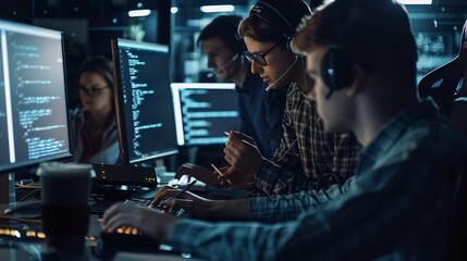 Team of programmers writing digital code in the metaverse and working together on the internet : Generative AI