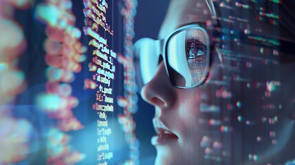 Software data hologram and woman with code analytics information technology and gdpr overlay Programmer coding or IT person in glasses reading html script programming and cyber securit : Generative AI