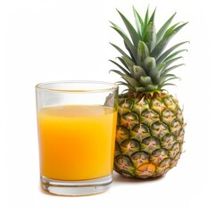 Medium shot of Glass of pineapple juice near the pineapple, isolated on a white background, 