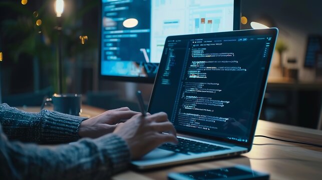 Ai Artificial Intelligence Digital technology metaverse software development IoT Internet of Things concept Software engineer using digital tablet coding on laptop javascript computer  : Generative AI