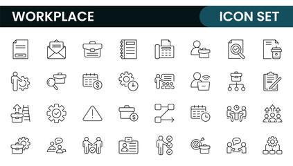 Workplace web icons in line style. Employ, conference, project, document, business, work, support, contact us, productivity strategy, collection.