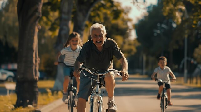 Old man riding bicycle with granddaughter while son running at park : Generative AI - Powered by Adobe